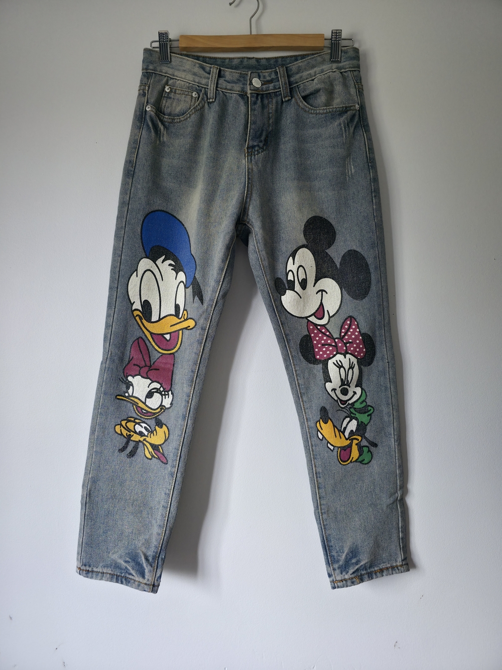 Vintage Disney Character Patch Denim Jeans - Light Wash with Multicolor Prints